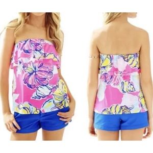 Lilly Pulitzer Pink Rilo Swept By The Tides Ruffle Strapless Top XS Excellent